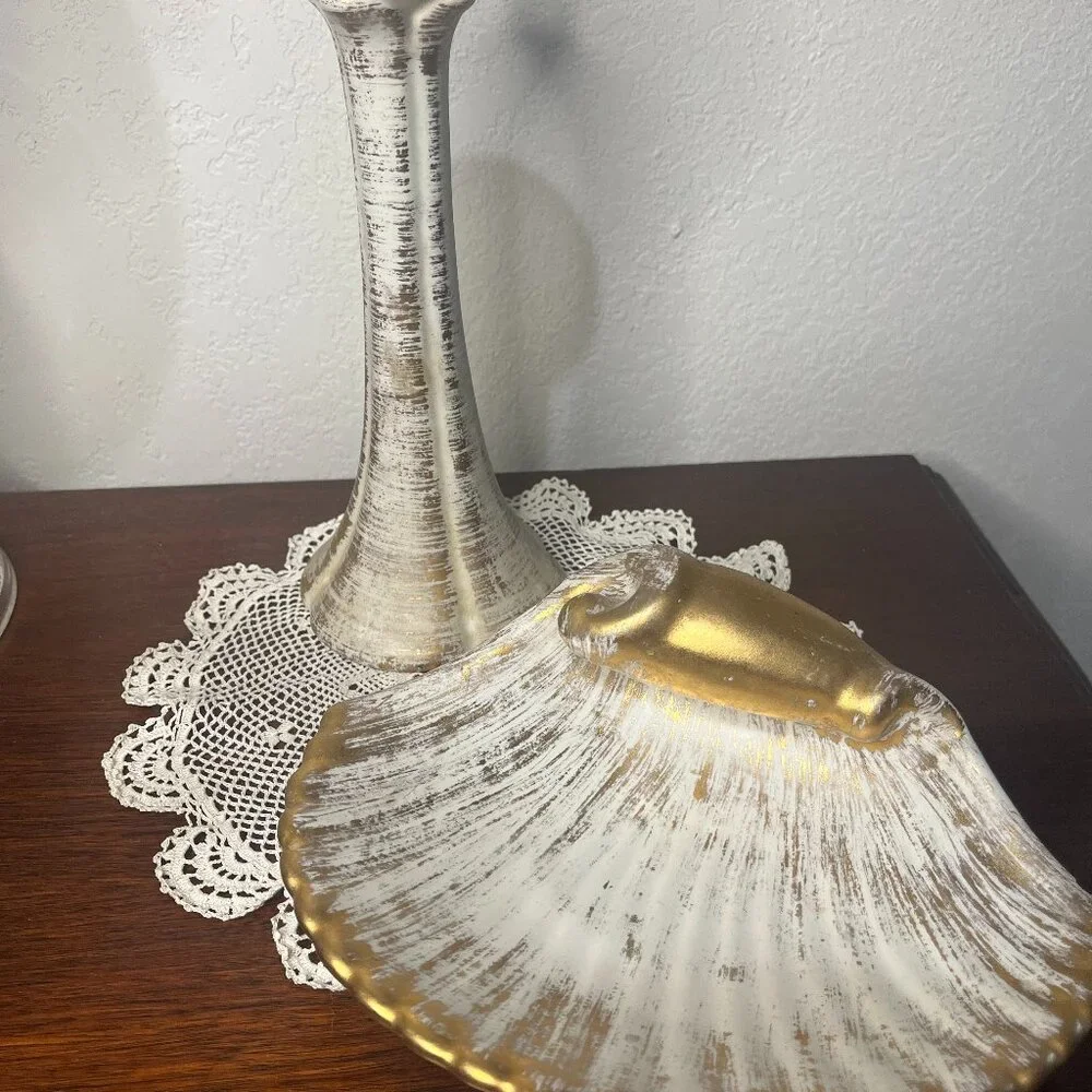 Vintage MCM Two Piece Royal Haeger 22K Gold Tweed Candle Holder and Shell Dish - Picture 4 of 11